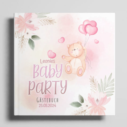 Babyparty Gästebuch personalisiert rosa Bär - ymemos